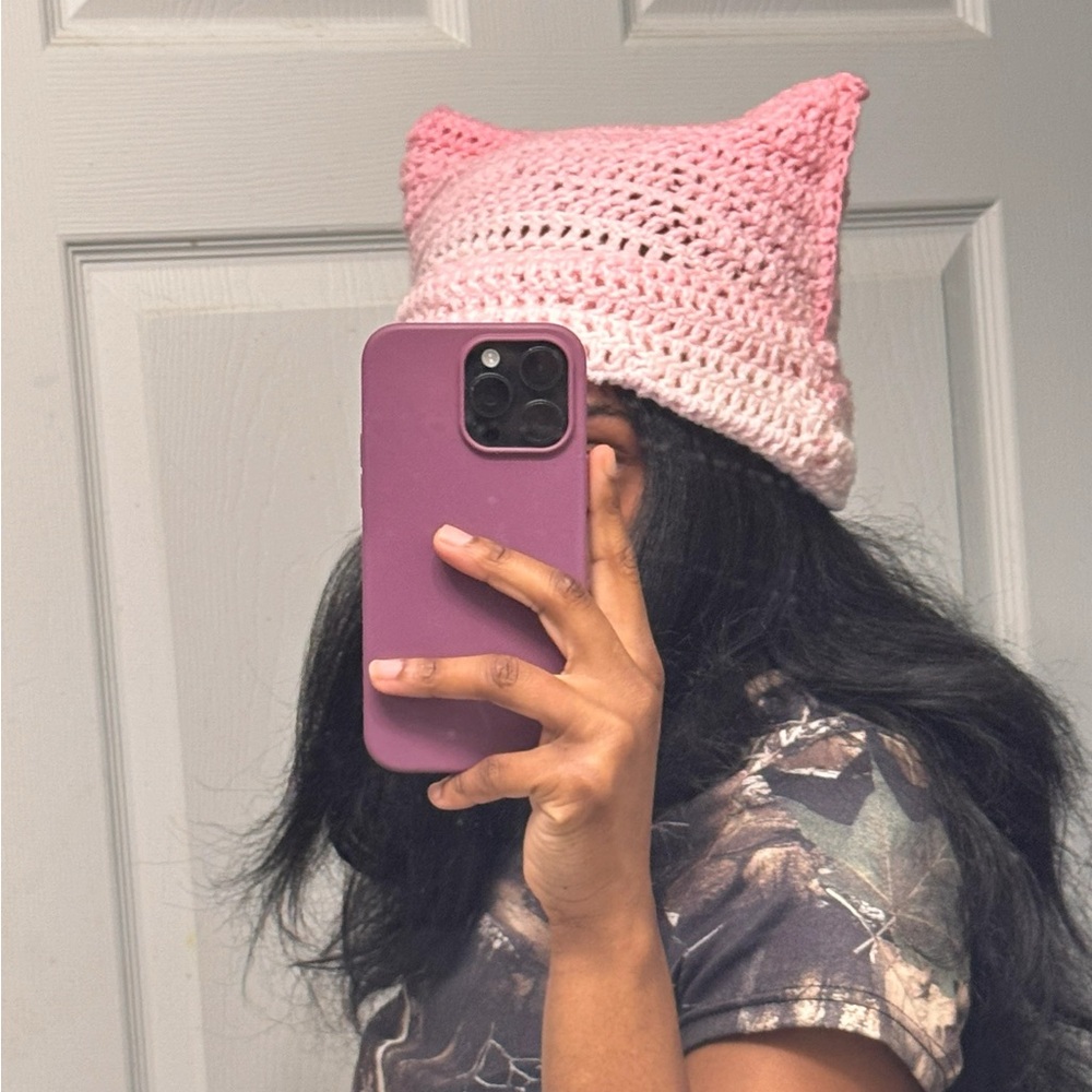 Pink Cat Ear Crochet Beanie